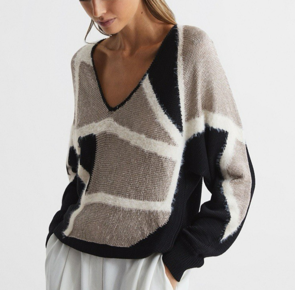 Reiss Madeline Sweater Womens Medium Metallic Spliced Pattern V-Neck Jumper